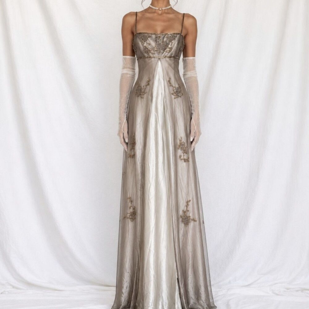 Vintage Y2K Beige Gold Mesh Satin Floral Beaded Formal Maxi Prom Dress Size M/L - Picture 3 of 12